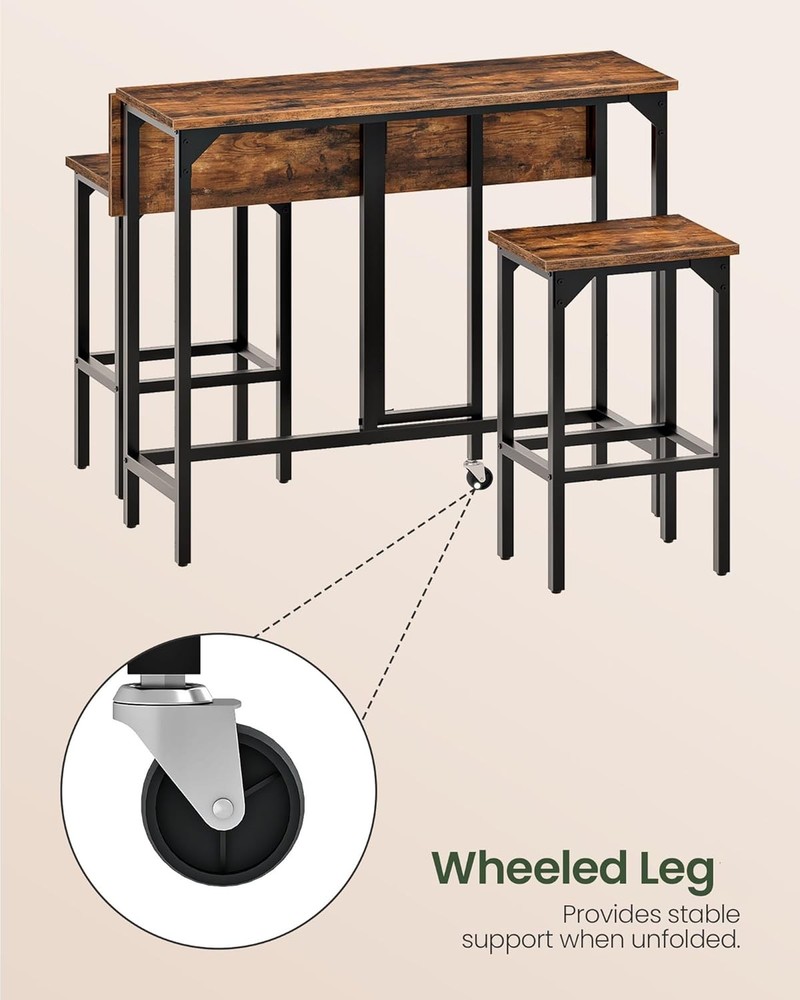 Bar Table & Stool Set 39.4'' Folding Dining Table W/ 2 Stools Industrial Style