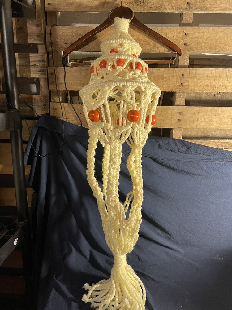 Vintage Macrame Hanger White With Red Beads