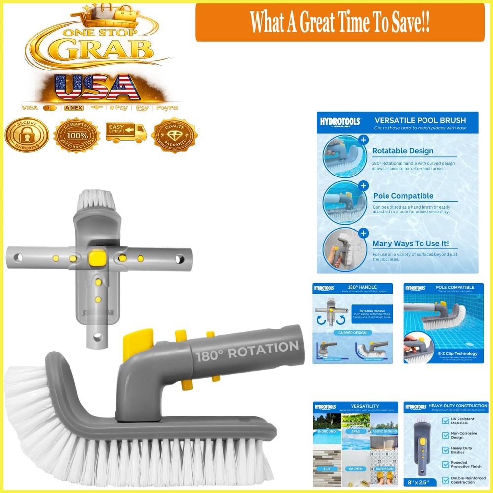 HydroTools Pool Wall & Step Brush 180° Rotating Corner & Inground Pool Cleaner