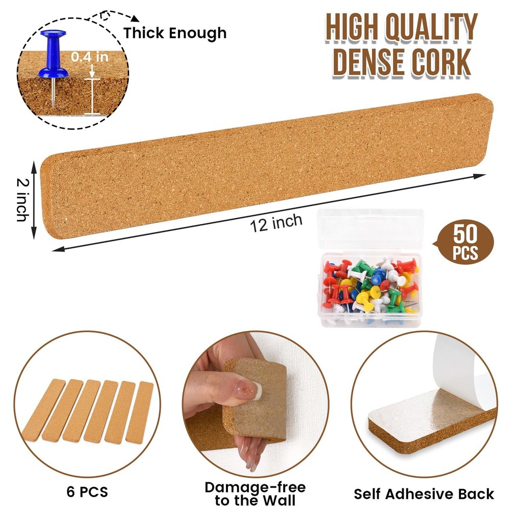 6 Pack Corkboard Strips for Walls Self Adhesive Thick Cork Board Strips Peel ...