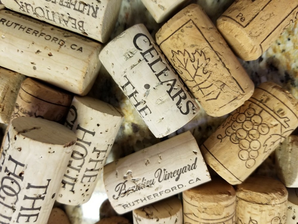 63 NATURAL Wine Corks - various printed labels -UNUSED