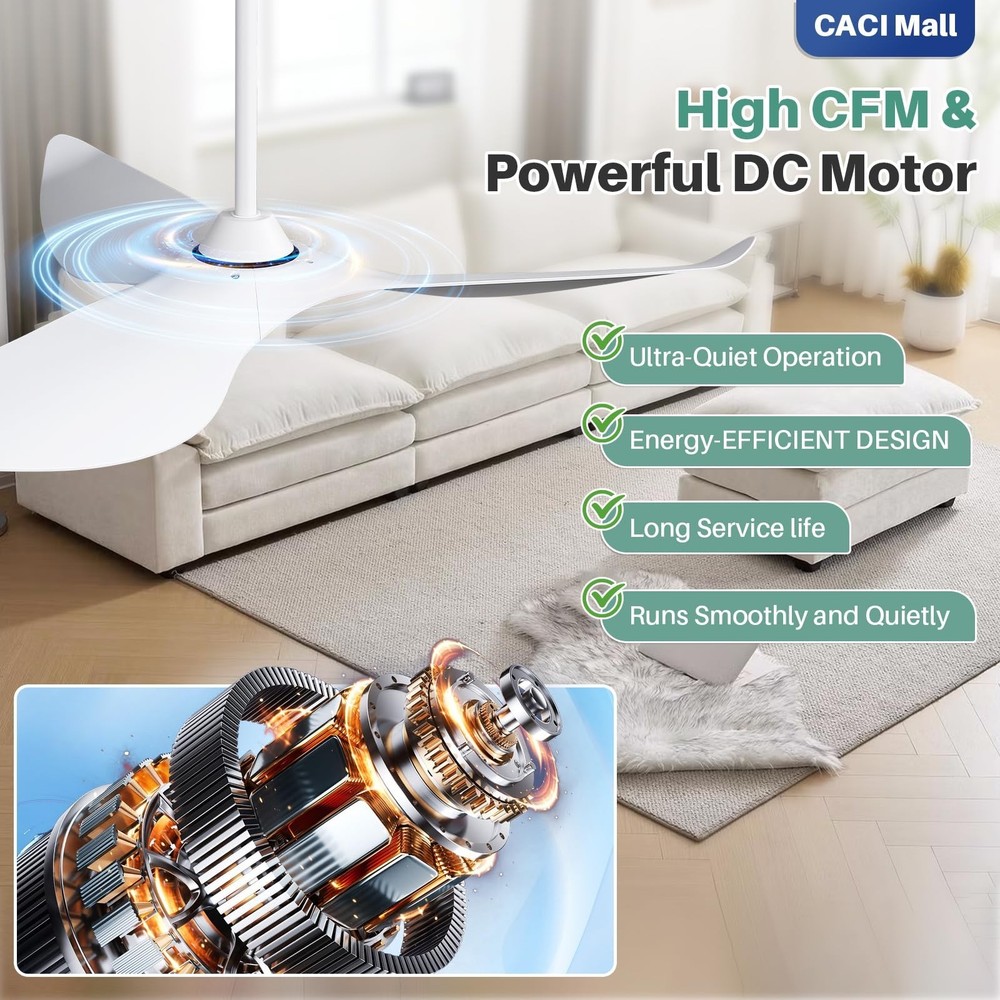 CACI Mall 52" White Ceiling Fan No Light, Modern, Remote Control, Low Profile...