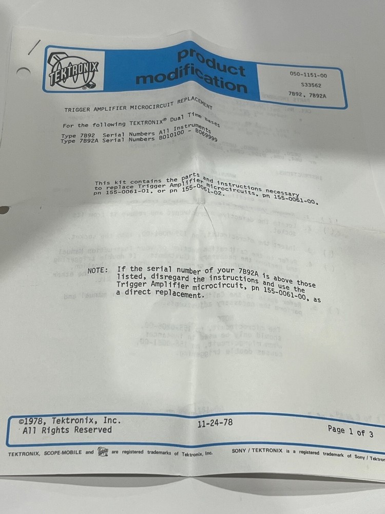 Tektronix 050-1151-00 Trigger Amplifier Microcircuit Replacement Kit