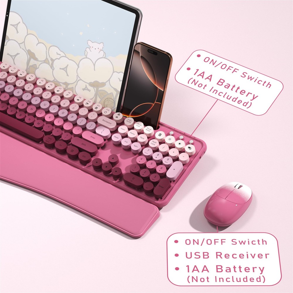 MPTOG Colorful Wireless Computer Keyboard and Mouse Combo with Phone Holder, ...
