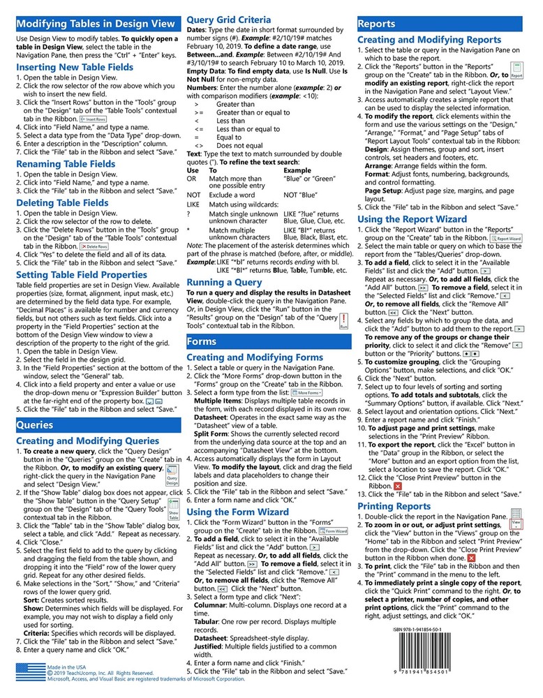 Access 2019 Training Guide Quick Reference Card 2 Page Cheat Sheet Instructions