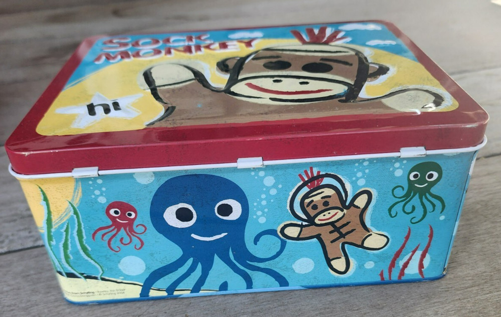 Schylling 2008 3D Sock Monkey Metal Lunch Box EUC Collectible Keepsake Box