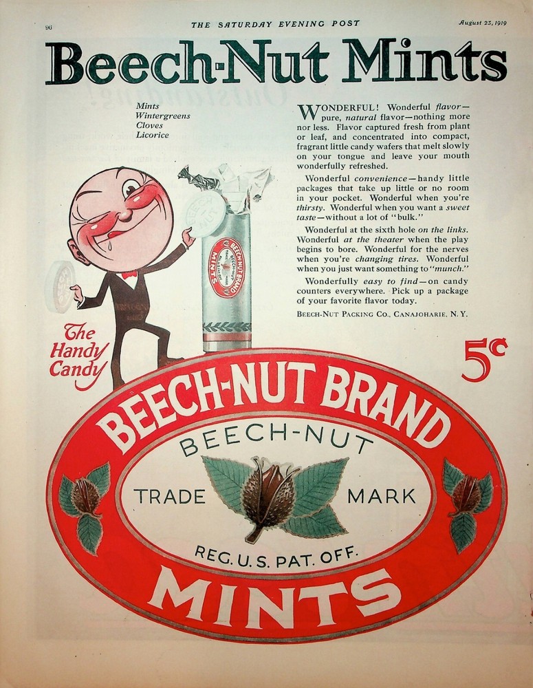 Original 1919 Beech-Nut Mints Ad: The Handy Candy; Trademark