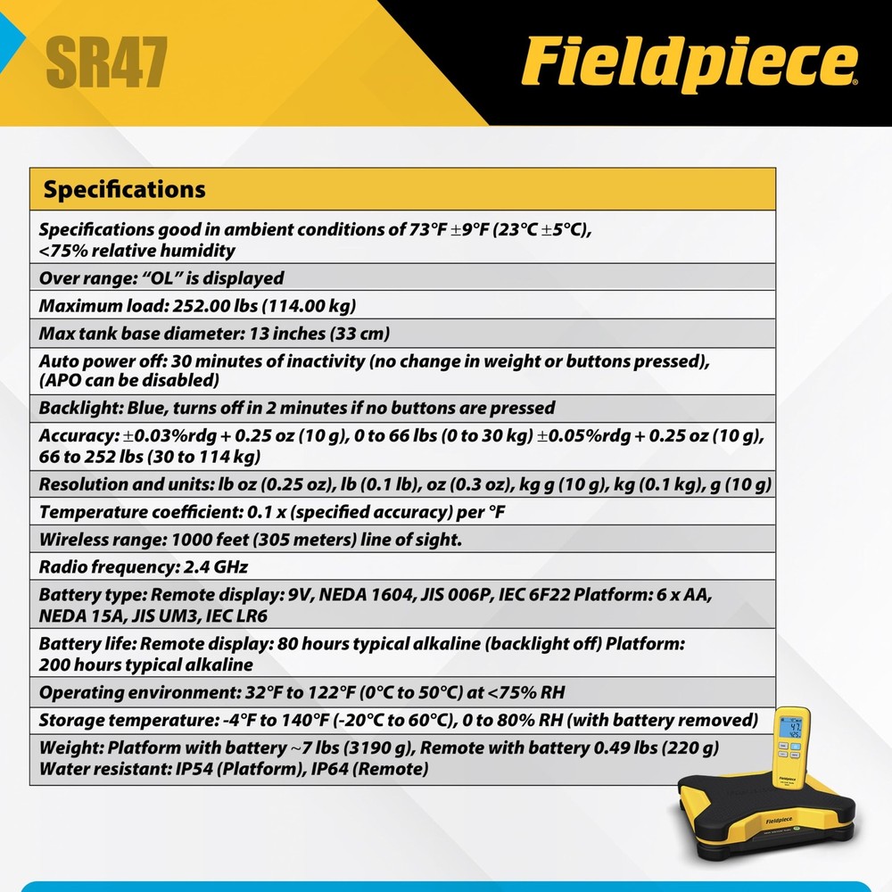Fieldpiece SR47 Wireless Scale with Remote