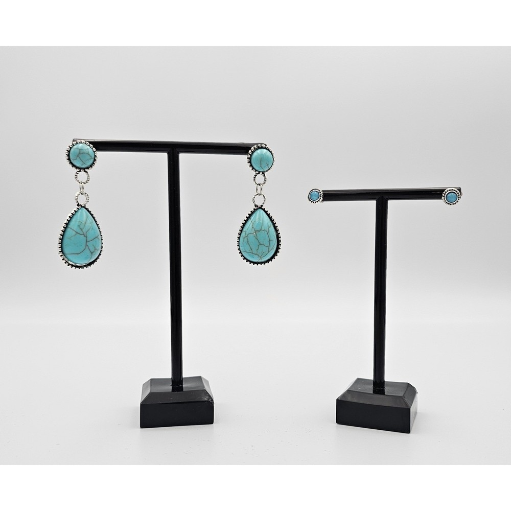 SILVER TONE TURQUOISE TEARDROP DANGLE & STUD EARRING SET Boho Western Pair