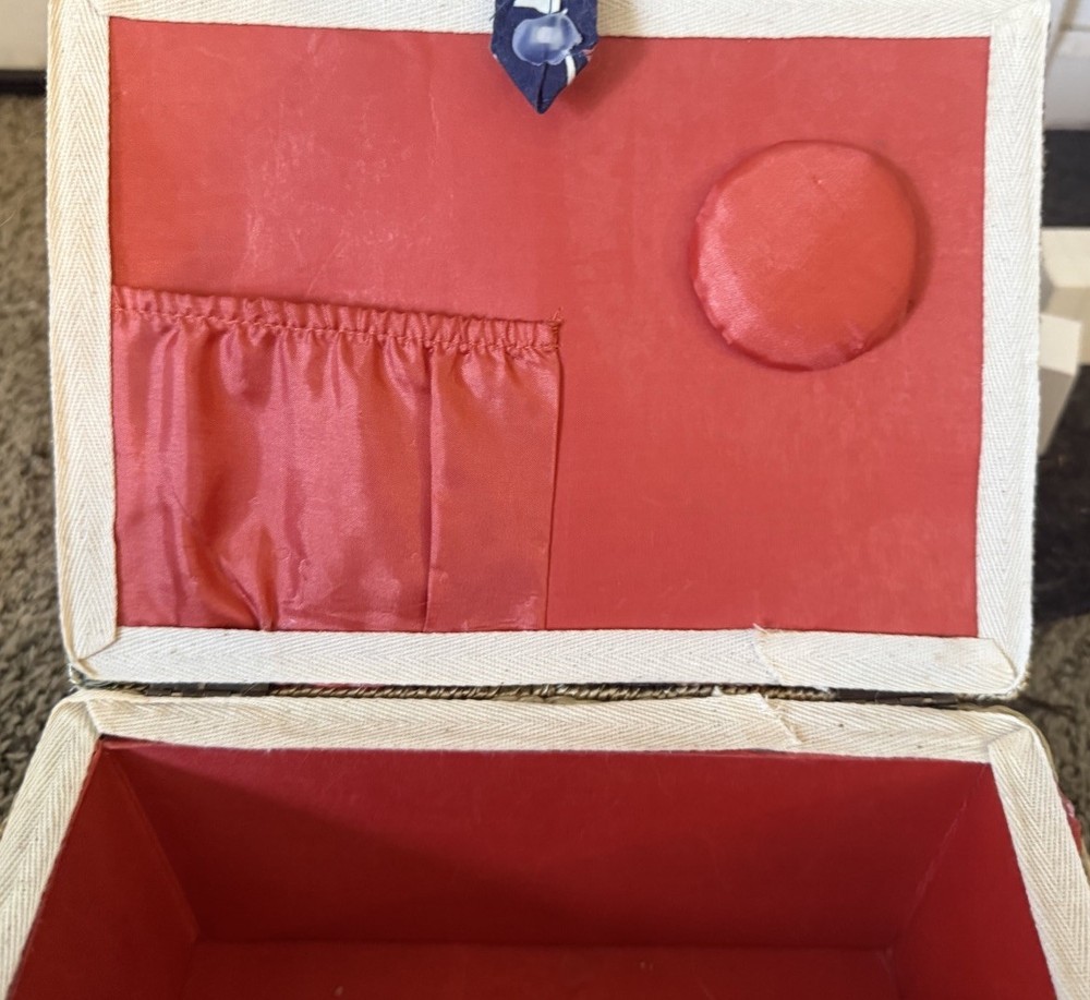 Cat Pattern Sewing Basket, Blue Multicolor Fabric Covered, Red Interior