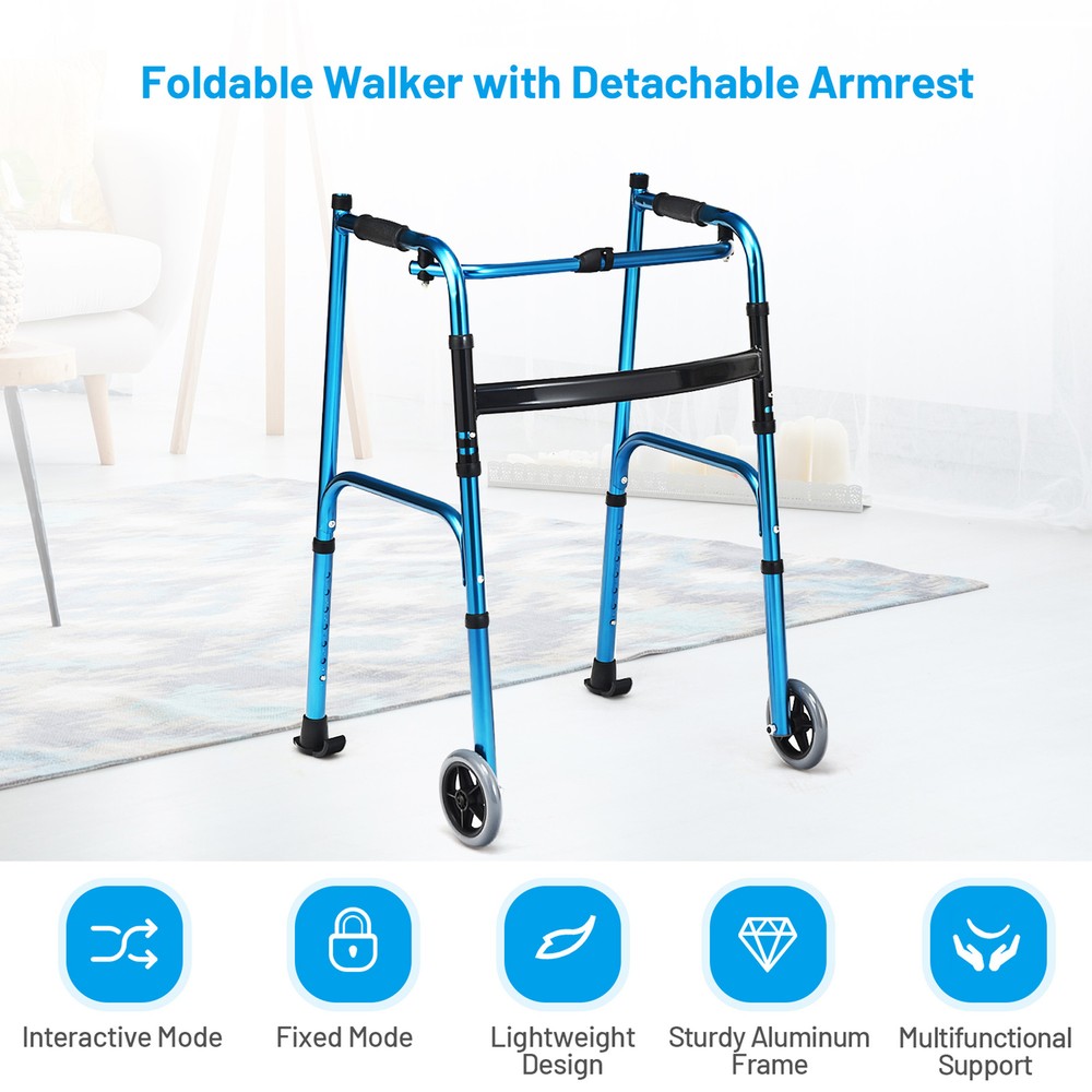 Folding Walker Adjustable Walking Frame Aluminum Walking Aid w/ Wheels Blue