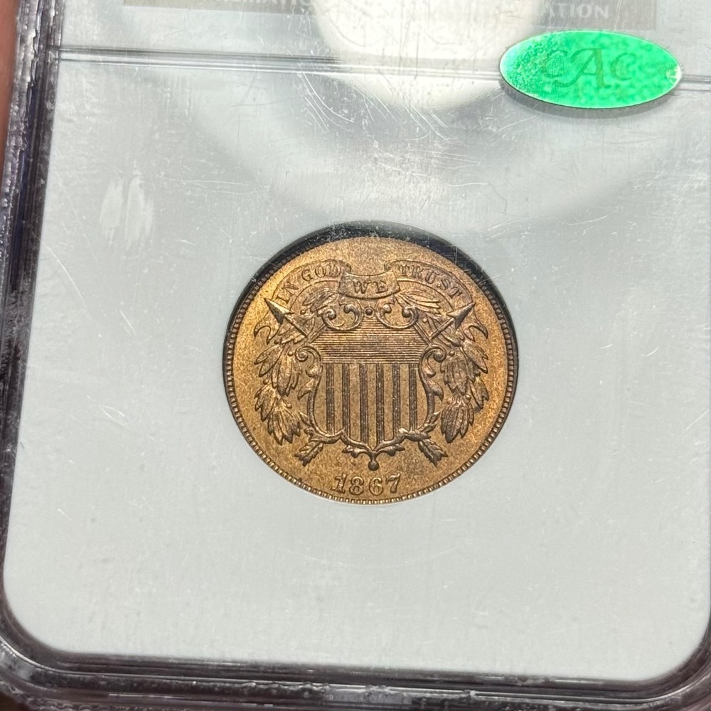 1867 2C MS65 RB NGC Two Cent Piece - CAC Approved - Nice Coin