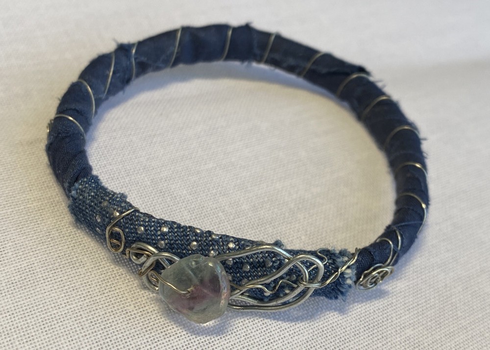 Handcrafted  Bangle Blue Denim Fabric With Silver Tone  Wire Art Design