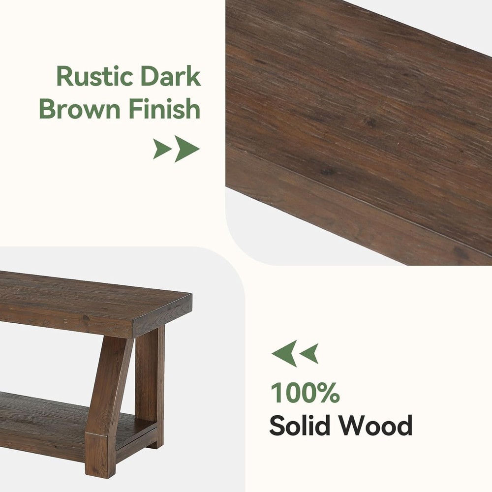 63" Solid Wood Bench, Rustic 2-Tier Entryway Bench with Shoe Storage for Hallway