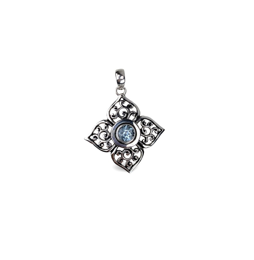 Blue Gemstone Pendant, Scrollwork Pendant, Ornate Silver Pendant