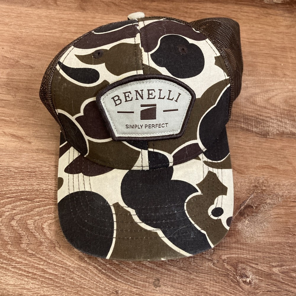 Benelli Logo Patch Trucker Hat Vintage Camo Brown Tan Adjustable