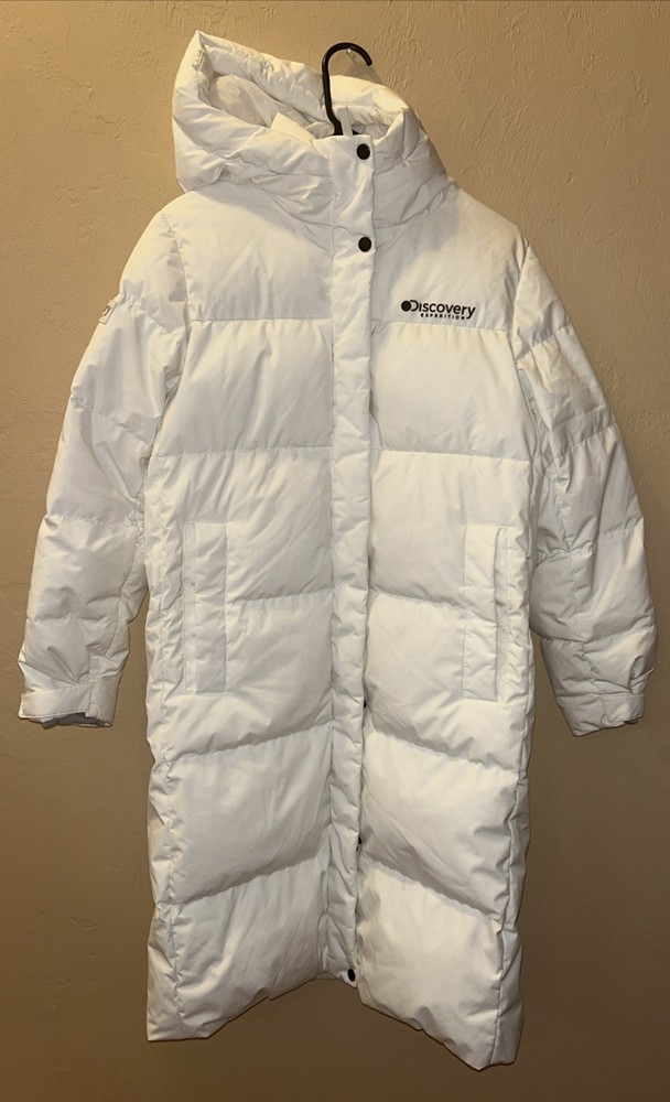 Discovery Expedition Goose Down White Winter Coat Hooded Long Size 95 Zip Button