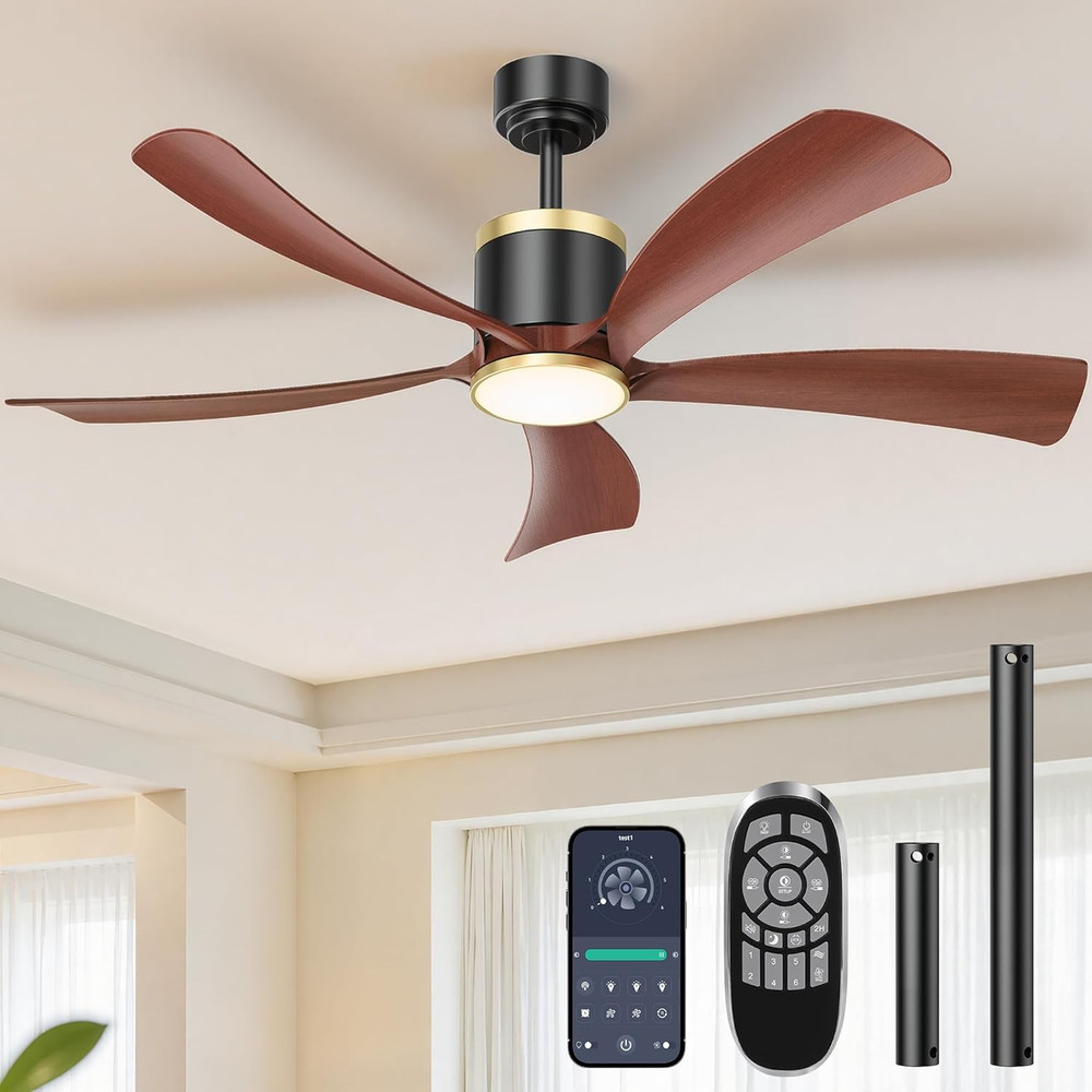 52" Walnut Ceiling Fan with Light, Remote, 6 Speeds, Energy Efficient