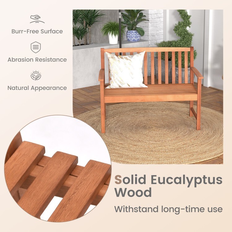 2-Seat Patio Solid Eucalyptus Wood Bench w/ Comfortable Armrest Slatted Backrest