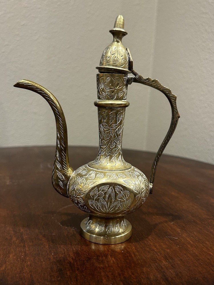 Vintage Etched 7.5” Brass Pitcher