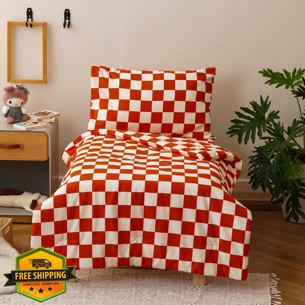 Pureant Orange Plaid Toddler Bedding Set Crib Comforter Sheets
