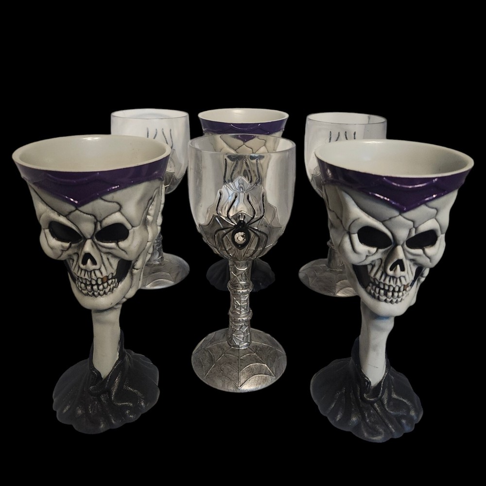 6 Halloween Gothic Goblets Skeleton Skull Pirate Spider Web Plastic Cups Chalice