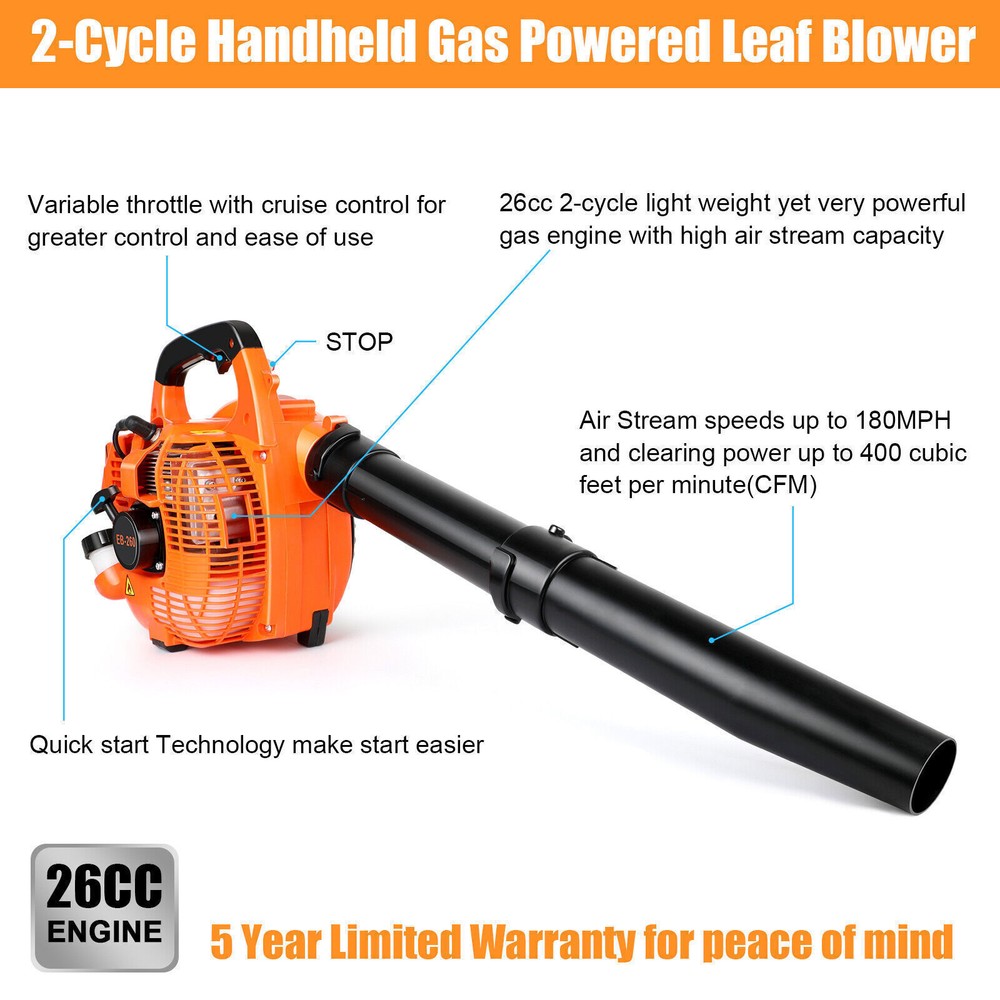 26CC Gas Leaf Blower Vacuum Cordless 2-Stroke Engine Handheld Tool Lightweight