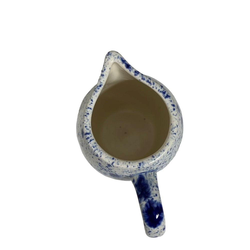 Small Ceramic Pitcher White Blue Splatter Signed Bottom 8 oz 4.25" tall Mini