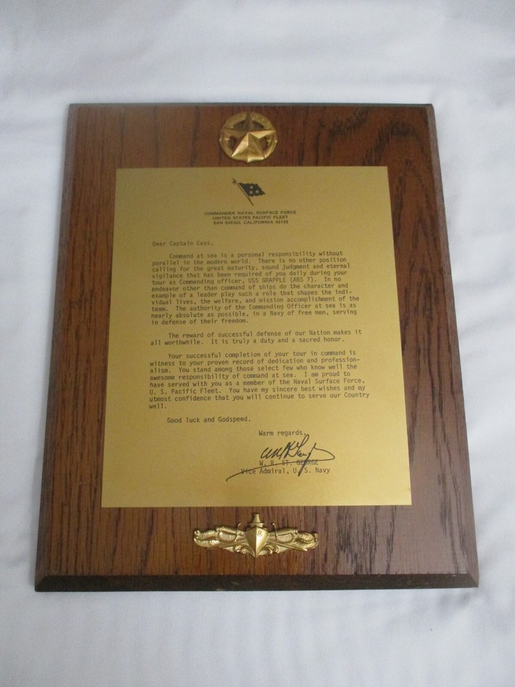 US Navy For USS Grapple ARS-7 Commanding Officer Wall Plaque From COMNAVSURFPAC