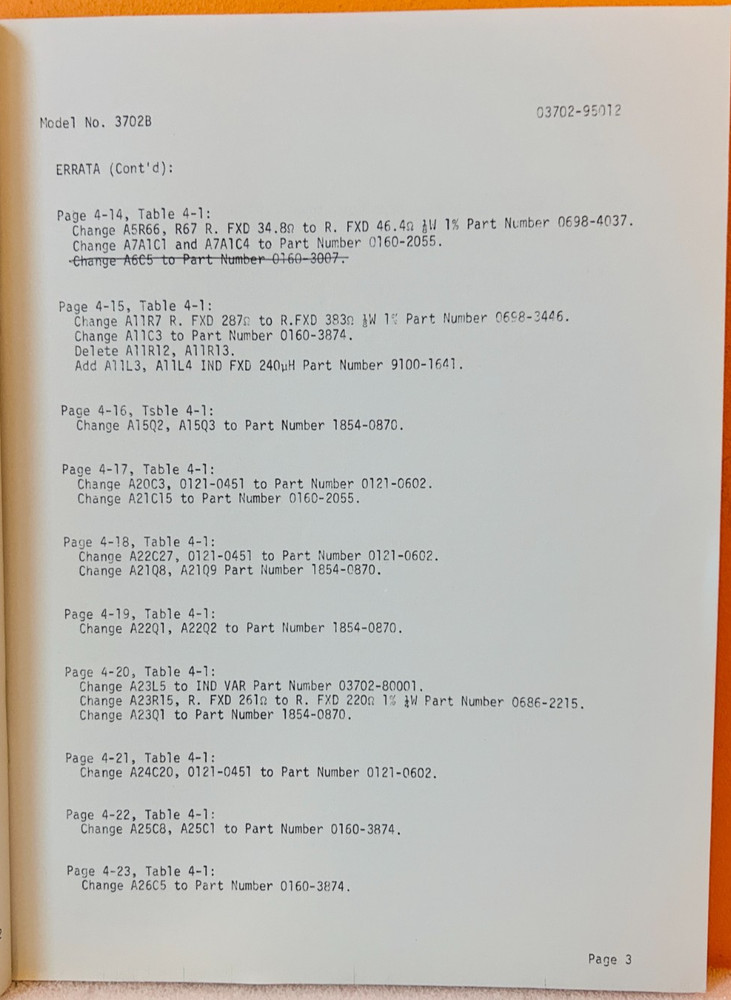 HP 03702-95012 1976 Model 3702B Manual Changes.