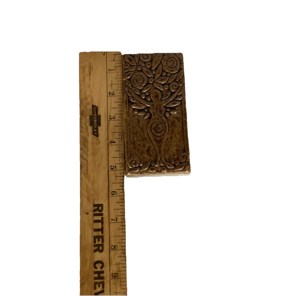 Tree Goddess Rectangle Art Pottery Tile Brown Drip Glazed