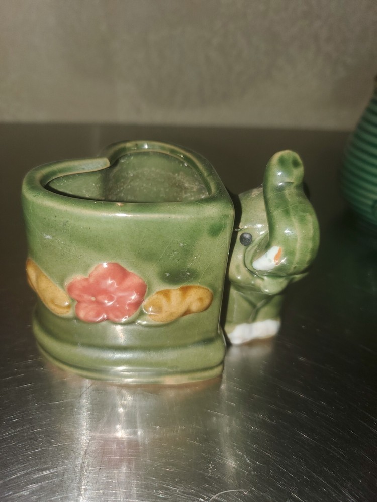 THREE Vintage Green Elephant Decorative Floral Tabletop Pottery Planters