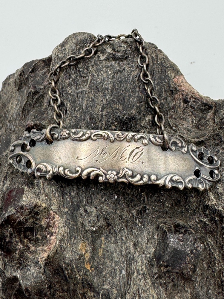Antique Chatelaine Chain Victorian Sterling Silver Repousse Tag Monogrammed