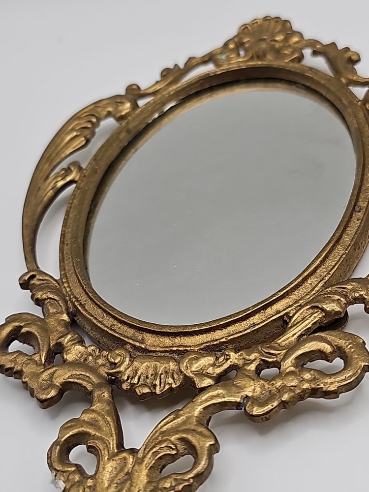 Old Brass Oval Shape Engraved Handcrafted Vanity Cut Work Mirror + Comb