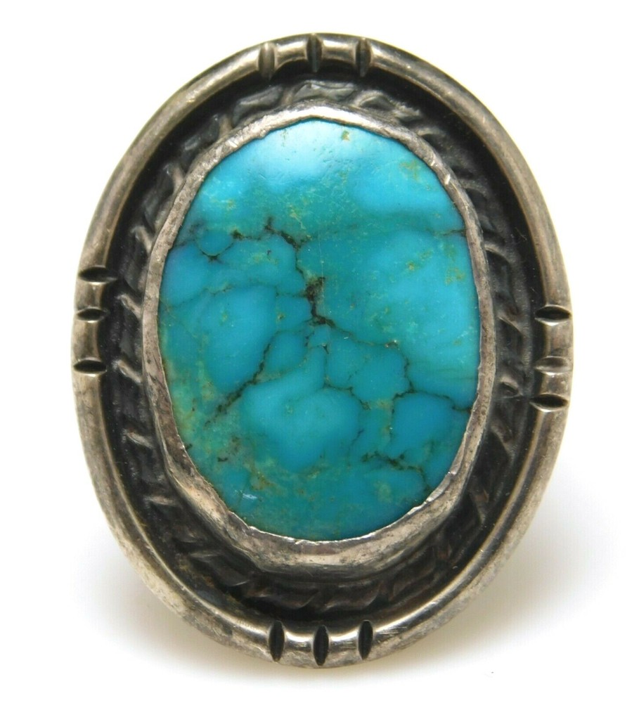 Signed DR Native American 925 Sterling Silver & Oval Turquoise Ring