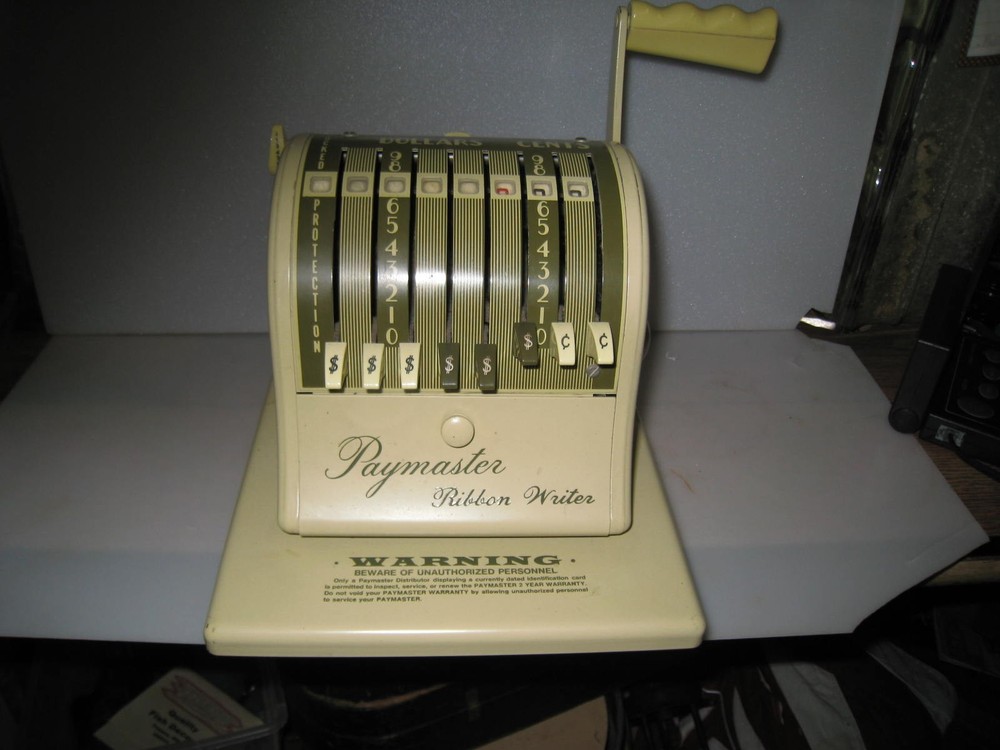 PAYMASTER RIBBON WRITER Antique Check Protector THE PAYMASTER CORP CHICAGO ILL