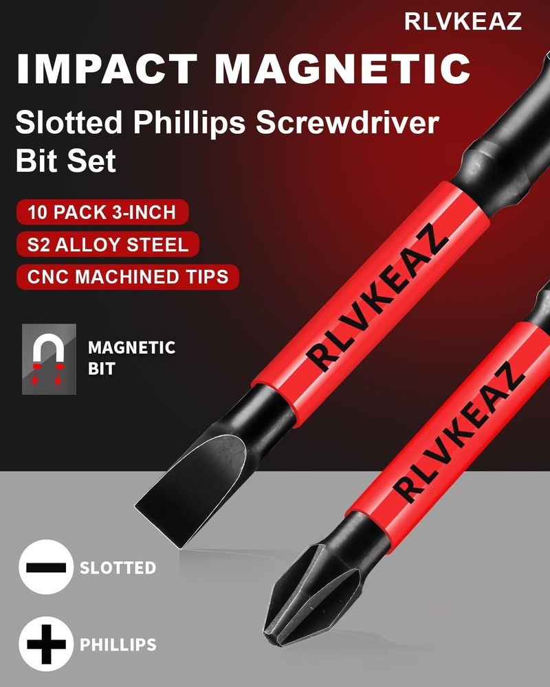 10-PCS 3" Long Magnetic Screwdriver Bits Set: Phillips Bits #1/#2/#3 & Slotted H