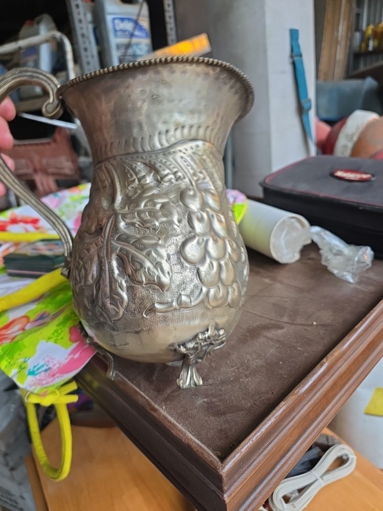 Antique Wine Pitcher, silver plated Vinyard Style 9"ish HAMMERED