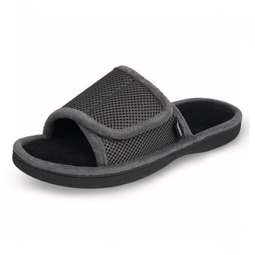 Men's Adjustable Wrap Open-toe Slippers with Memory Foam, 9-10 Dark Grey