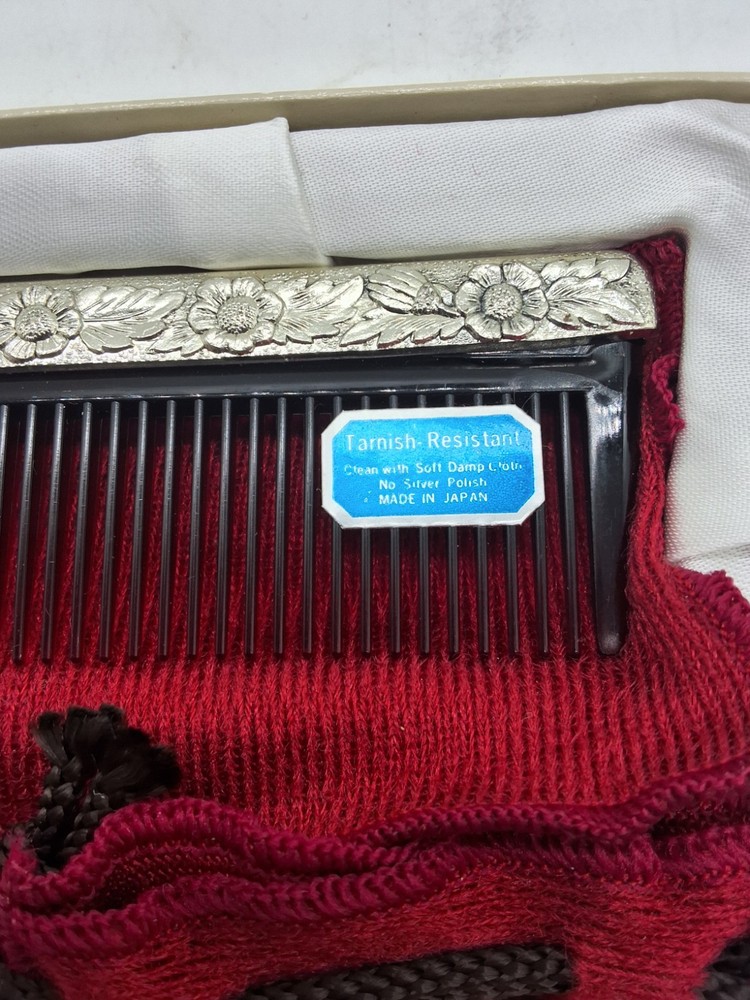 Vintage Silver Plate 3pc Vanity Set Floral Repousse Mirror Compact Comb Boxed
