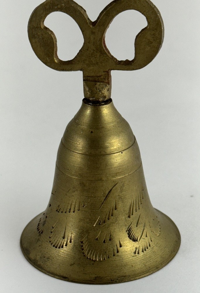 Vintage Brass Bell Etched Intricate Handle Open Work Brass India Bell