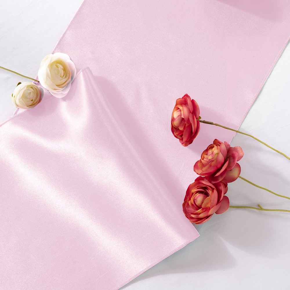 5 Pack Light Pink Satin Table Runner 12x108 Inch Bright Silk Smooth Fabric