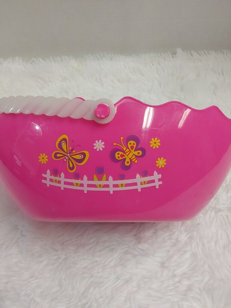 Pink Plastic Oval Shape Easter Basket W/Handle & Spritz Green Easter Grass BNWT!