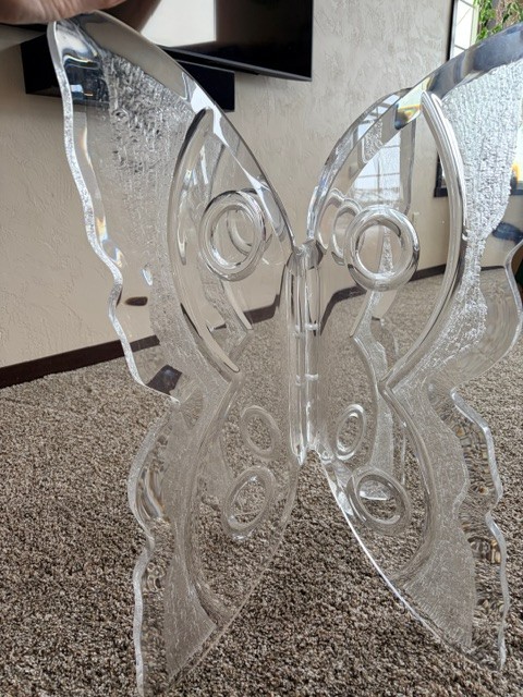 Vintage Lucite Bow Tie Butterfly Wing Base Coffee or Dining Table with Etching