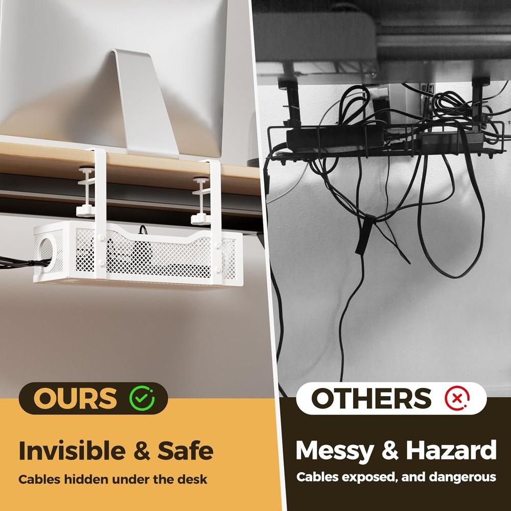 Versatile Under Desk Cable Organizer - Includes Clips & Ties, White Metal Design