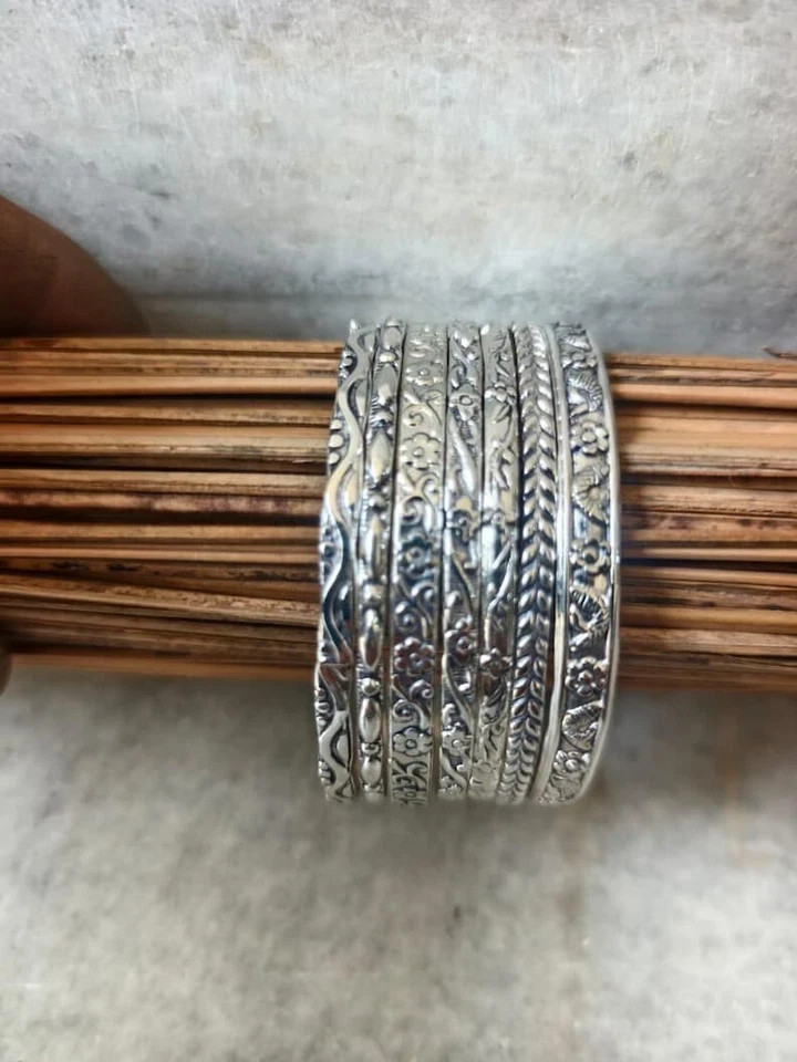 Set Of 7 Stacking Bangle Solid 925 Sterling Silver Hammered Bangle All Size P21