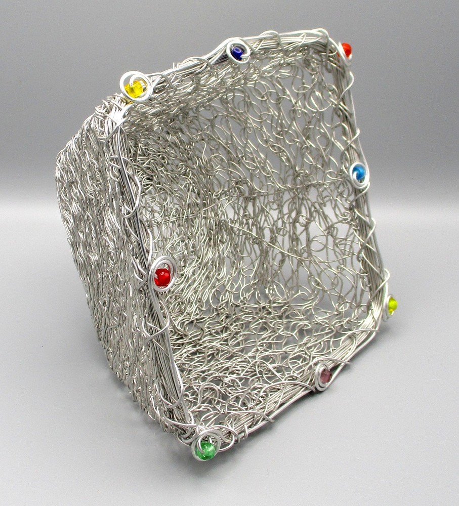 Decorative 8" Square x 4" High Wire Basket with Colored Beads