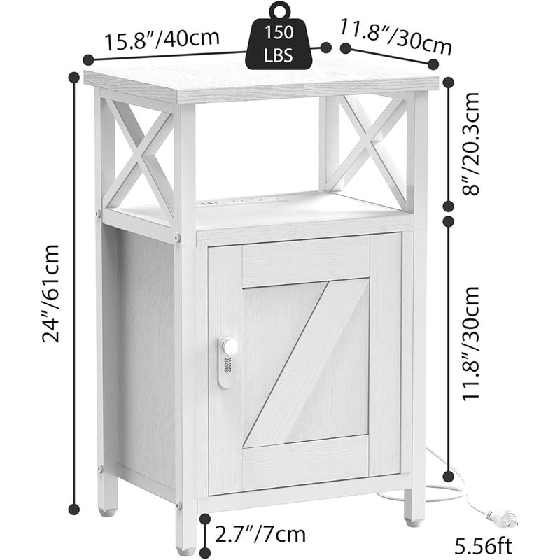 Nightstand W/ Lock USB Charging Station Large Storage Multi-Function Design