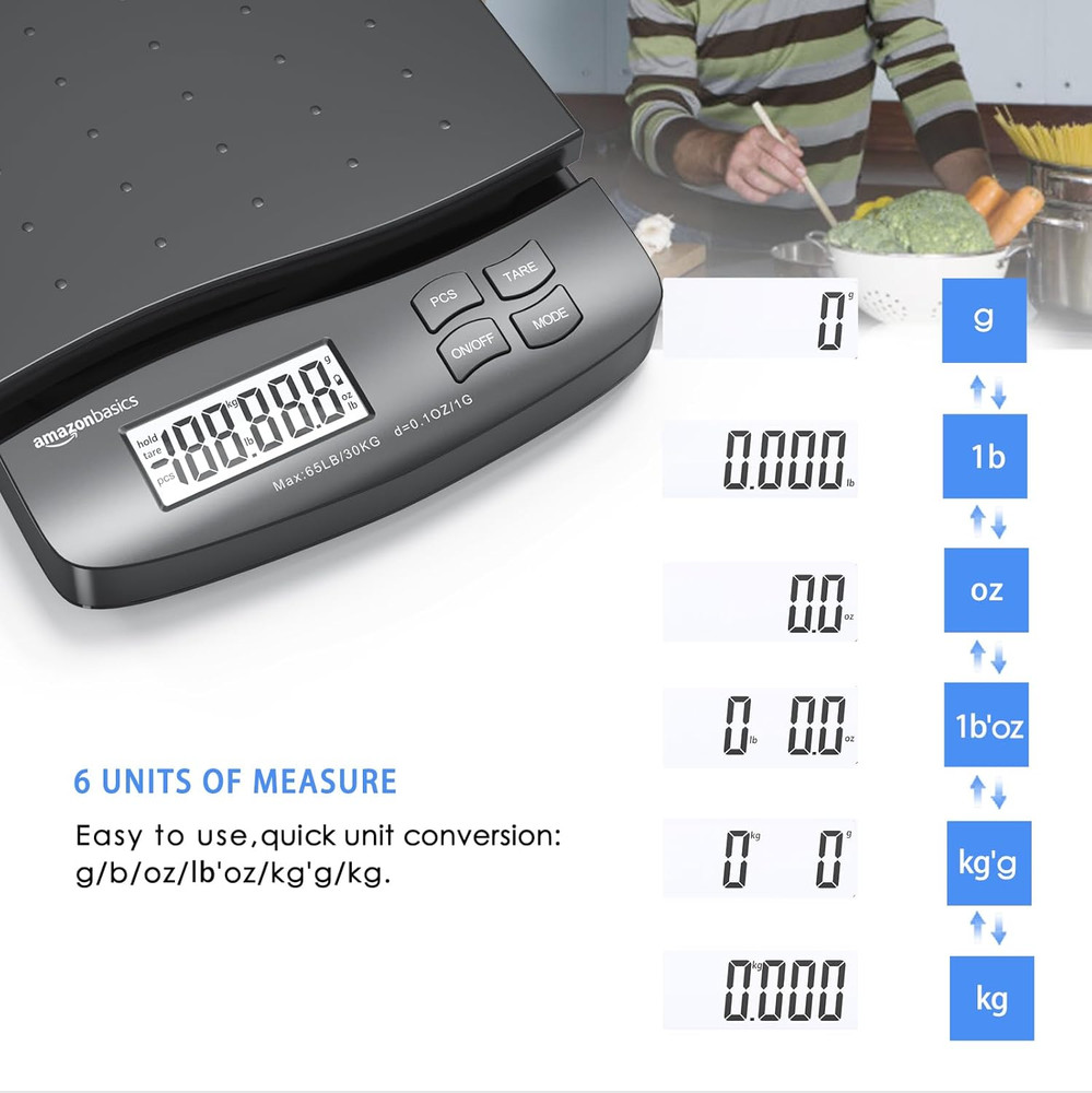 Amazon Basics Digital Postal Shipping Scale with Tare Function, AC Adapter, 65 L