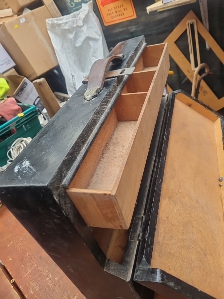 Wooden carpenters toolbox leather handle